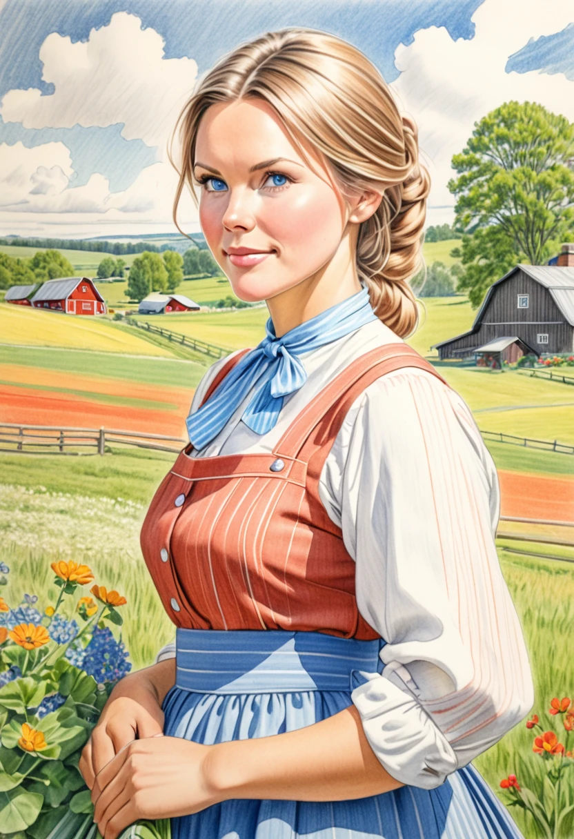 A colored pencil sketch of a beautiful swedish farm wife.