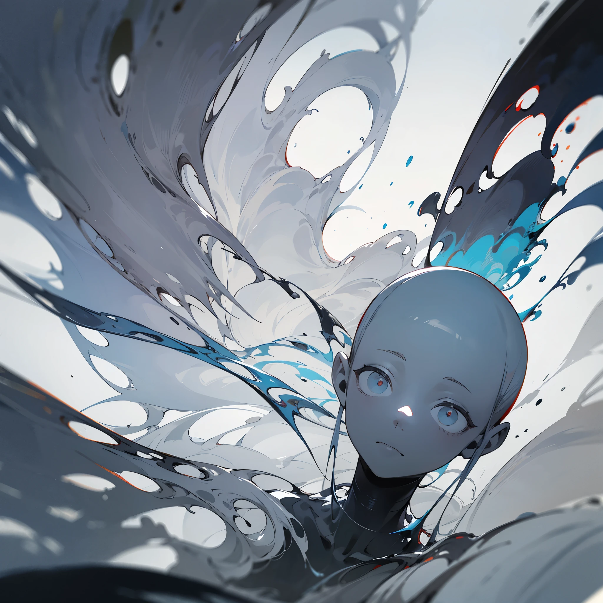 Create an eerie, abstract scene featuring a shadowy, fluid-like figure emerging from a dark background. The figure, with its featureless face and hollow eyes, should evoke a sense of mystery and unease. Use shades of grey to depict its form, giving the impression that it is made of smoke or liquid. The overall atmosphere should be haunting and otherworldly, with the figure appearing to shift and flow within the dark void.