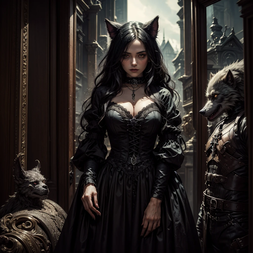 
a gothic girl with her gaze turned towards something, behind her in the background we can see a werewolf
