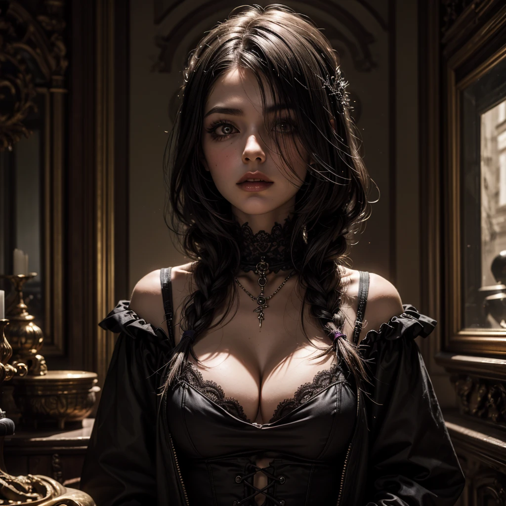 a gothic girl with her gaze turned towards something, behind her in the background we can see a werewolf