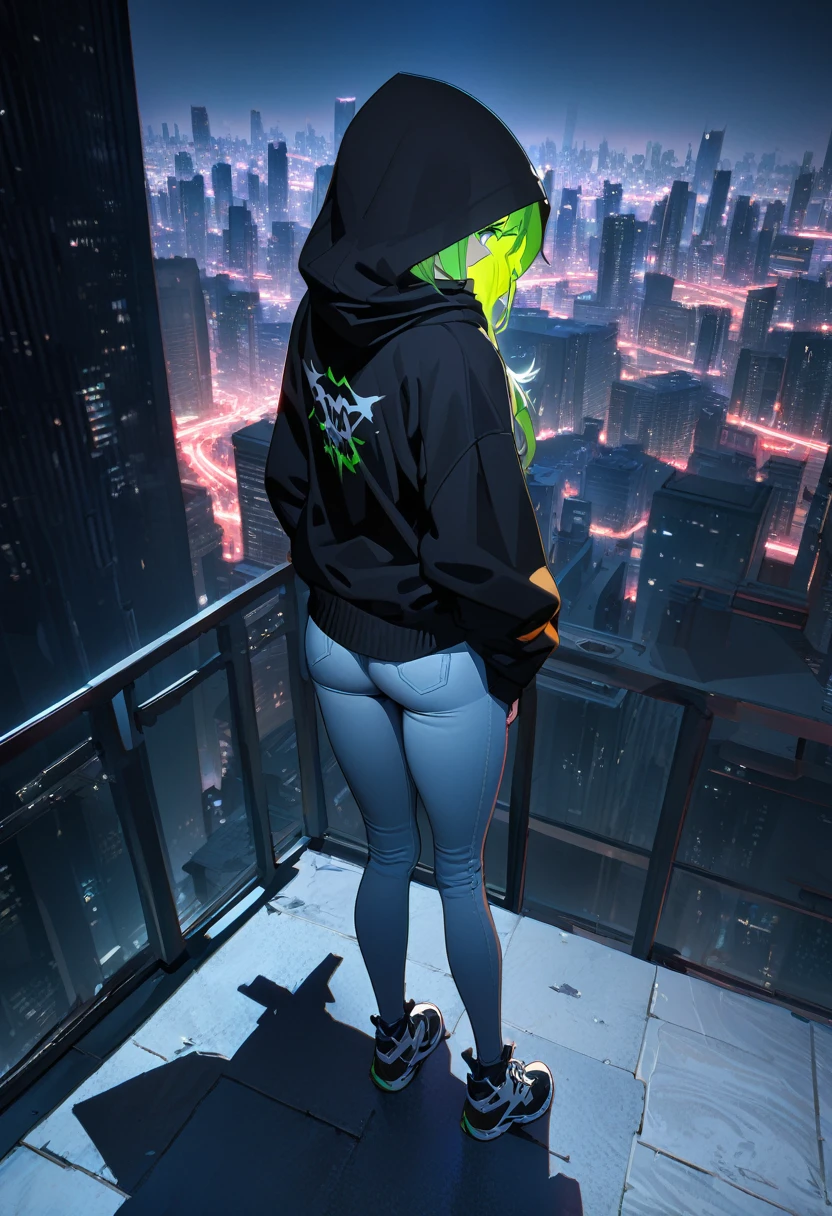 ((Best quality, 8K, masterpiece:1.3)), anime style, full body, a fallen hero turned assassin standing on the rooftop of a skyscraper in a neon-lit night city, (looking into the distance with despair:1.4), wearing a black youthful hoodie with a hood partially covering her face, tight white tank top, ripped jeans, athletic and slender figure with well-defined muscles, broad shoulders, narrow waist, (green eyes:1.3), gaze filled with suffering and determination, (camera angle from behind:1.2), highlighting her solitary stance against the vibrant cityscape, highly detailed textures and shadows.