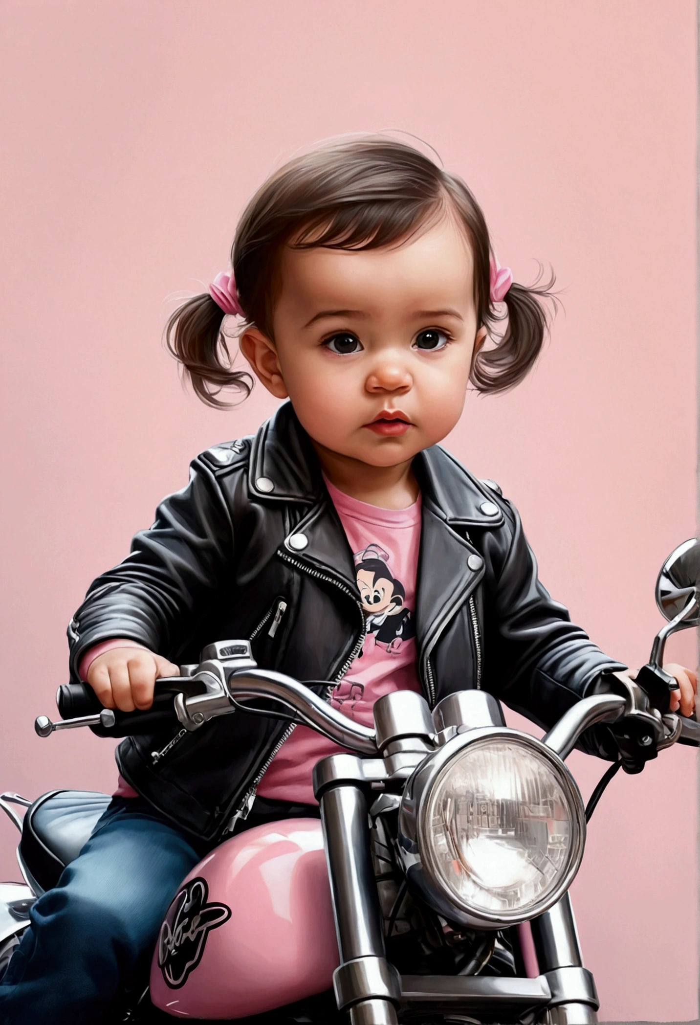 Create a drawing of a  girl, she must be wearing a pink outfit and a black leather jacket, she must be on a motorbike, Disney drawing style