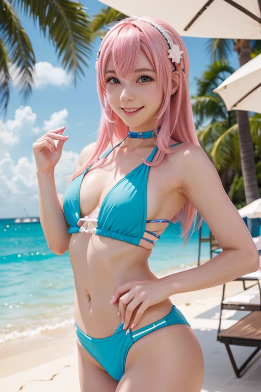 looks like Vocaloid "Megurine Luca", pinked-color hair, beautiful white-colored skin, wearing stylish and fashionable swimwear colored by light-blue color, glamorous figure, , small mouth, smiling