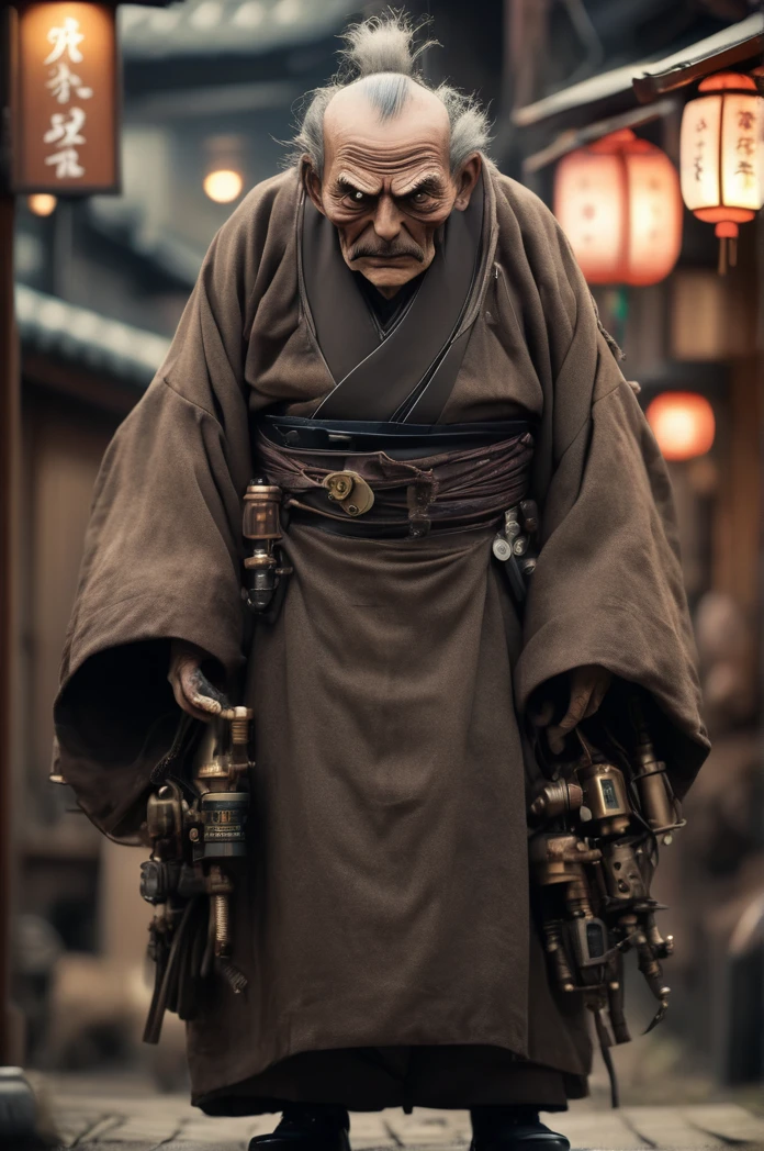 A steampunk Japanese town、There are a lot of monsters behind、Full Body Shot、Horror-themed movie stills,、Calm, big-headed old man,(Head size 1:4) (Full body portrait:1.3), (Detailed old man evil face:1.4), I'm wearing a kimono, Shallow depth of field, Vignette, Very detailed, High budget, Bokeh, CinemaScope, Sulky, amazing, nice, Film Grain, granular . Creepy, Anxious, dark, Creepyな, Suspenseful, strict, Very detailed