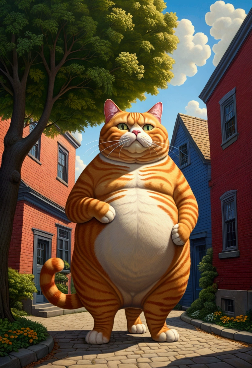 Giant fat Cat, full body, outdoor, by Cyril Rolando, cinematic still, (best quality, masterpiece), very aesthetic, perfect composition, intricate details, ultra-detailed, vivid colors