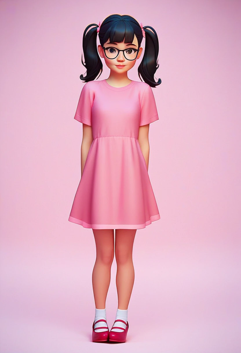 ashley, 1girl, solo, full body, black glasses, black hair, pig tails, pink shirt, short sleeves, white socks, pink mary janes, black eyes, simple background, standing