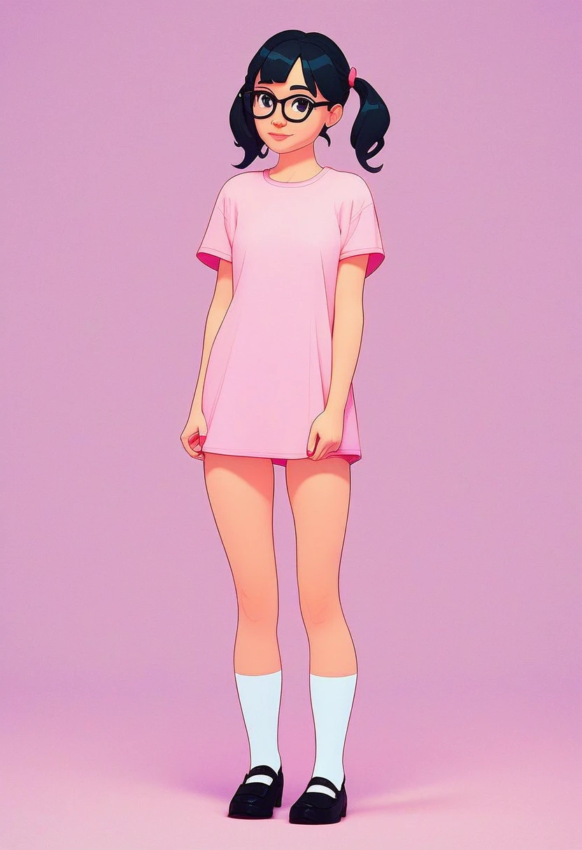 ashley, 1girl, solo, full body, black glasses, black hair, pig tails, pink shirt, short sleeves, white socks, pink mary janes, black eyes, simple background, standing