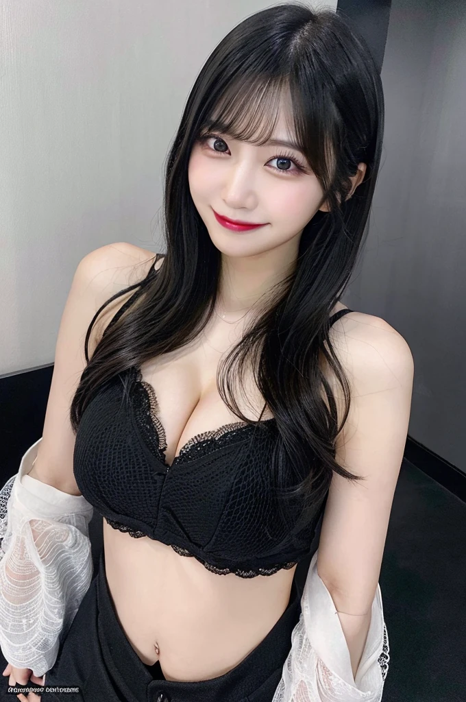 ahegao, torogao, black hair, long hair, tareme, makeup, smile, negative space, tachi-e, 4K, best quality, textured skin, accurate, whole body, One person, sexy, photograph, looking at the camera, glamorous, Big Breasts, camisole