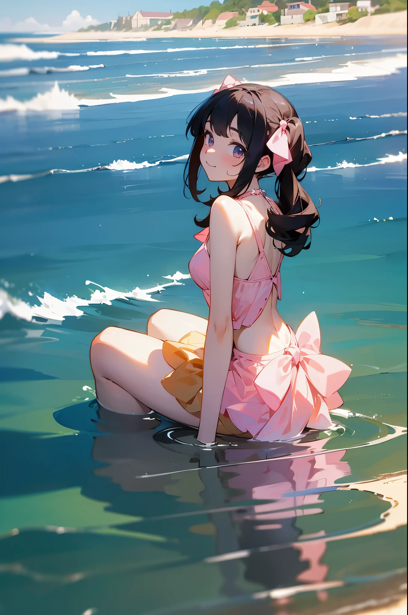 masterpiece, best quality, ultra detailed, outdoors, nature ,{Crystal-clear sea against a blue sky {{with white clouds}}}, seaside serenity, Breezy Beach , {simple background} ,reflective water, a girl, idol, happy, smiling, sitting on the floor, looking away ,medium twintail, black hair, {{curly}}, black hair, odd eyes, droopy eyes, pale skin, {{{all vivid pink sleeveless ruffle fluffy iolita costume}}}, {mini-skirt}  , at noon, nostalgic atmosphere, cel anime, full body shot, on right, from behind, golden ratio, golden hour, directional light, in focus with blurred background, dark_pink, {{top and bottom symmetry composition}}