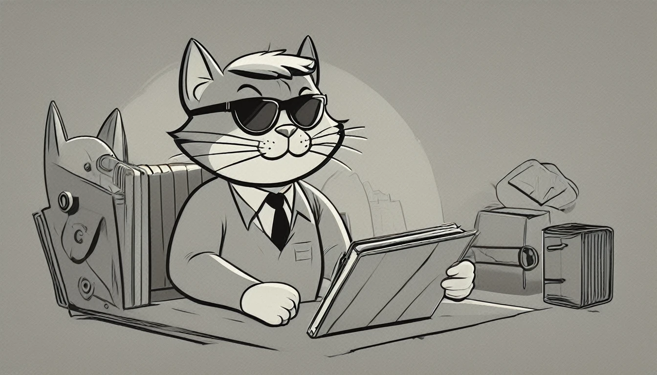 Generate an image in the style of a 1950s and 1960s advertisement featuring: personagem: cat (like the vault boy) holding a top secret folder (the cat use a sun glasses). The background should be simple and uncluttered. Use only this cores: limited color palette of gray tones Use: clear lines, thick lines, and bold outlines
