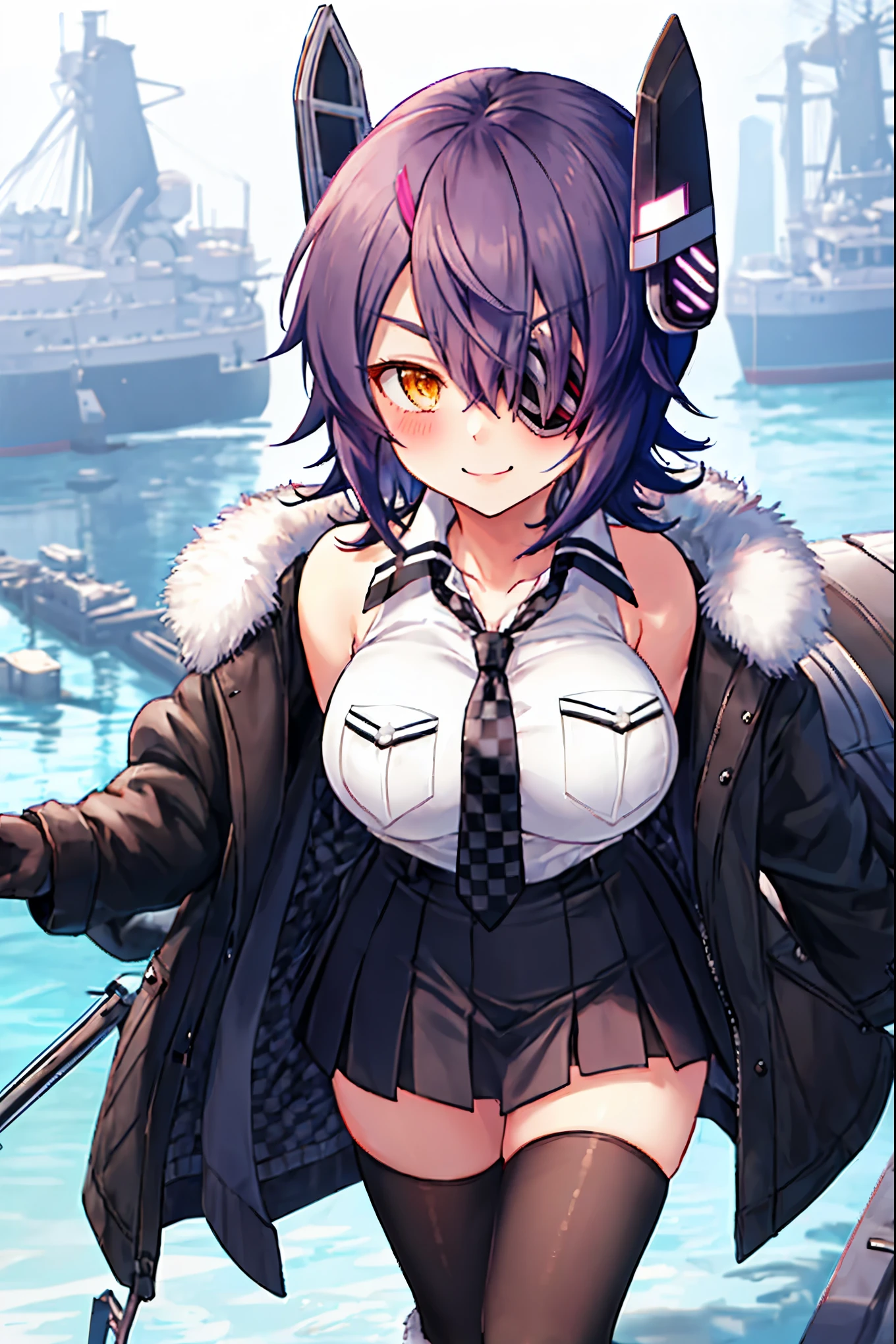 best quality, masterpiece, solo, {tenryuu_kantaicollection:1.15}, teen_girl, eyepatch, short_hair, purple_hair, yellow_eyes, headgear, breasts, necktie, large_breasts, smile, 1girl, blush, checkered_necktie, hair_over_one_eye, shirt, collared_shirt, white_shirt, jacket, sleeveless, brown_eyes, fur-trimmed_jacket, fur_trim, collarbone, looking_at_viewer, pocket, breast_pocket, ,, messy_hair, black_gloves, gloves, partially_fingerless_gloves,harbor_road_landscape_background,outdoor,short_skirt,thigh-highs,boots,sunlight,from_below