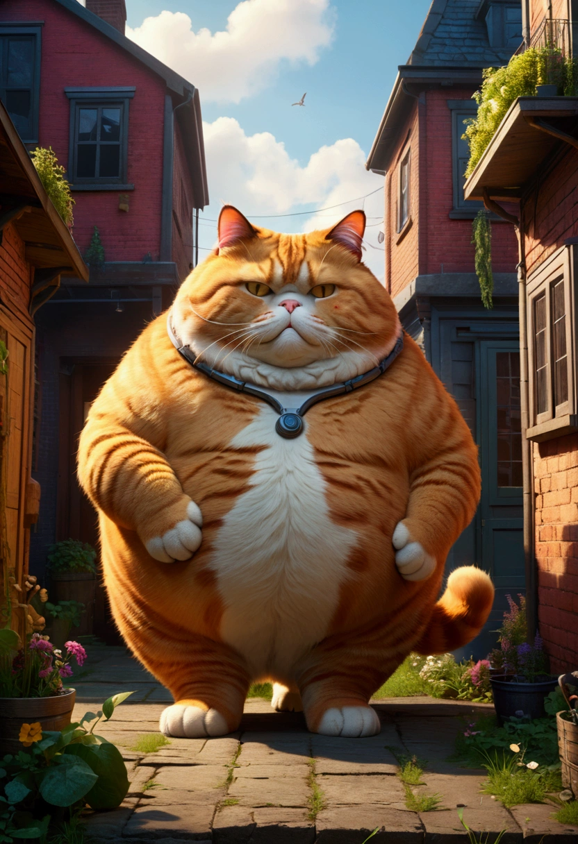 Giant fat Cat, full body, outdoor, by Jordan Grimmer, cinematic still, (best quality, masterpiece), very aesthetic, perfect composition, intricate details, ultra-detailed, vivid colors