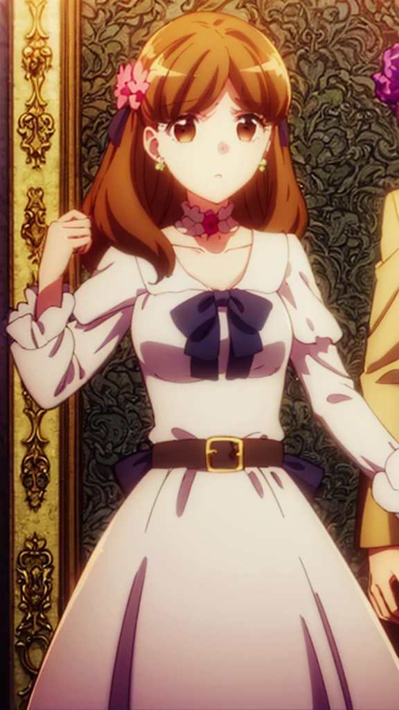 masterpiece, best quality, highres, 1girl, solo, mary hunt, long hair, brown hair, hair ornament, (brown eyes:1.5), flower, hair flower, dress, cleavage, jewelry, earrings, choker, frills, sophia ascart, long hair, bangs, (red eyes:1.3), bow, ribbon, hair ribbon, white hair, hair bow, black bow,, dress, brooch, green dress, capelet, ascot, white ascot, gemstone, red gemstone, maria campbell, short hair, blue eyes, blonde hair, hair ornament, flower, hair flower, (parted bangs:1.5),, shirt, long sleeves, dress, bow, white shirt, belt, bowtie, pink dress,