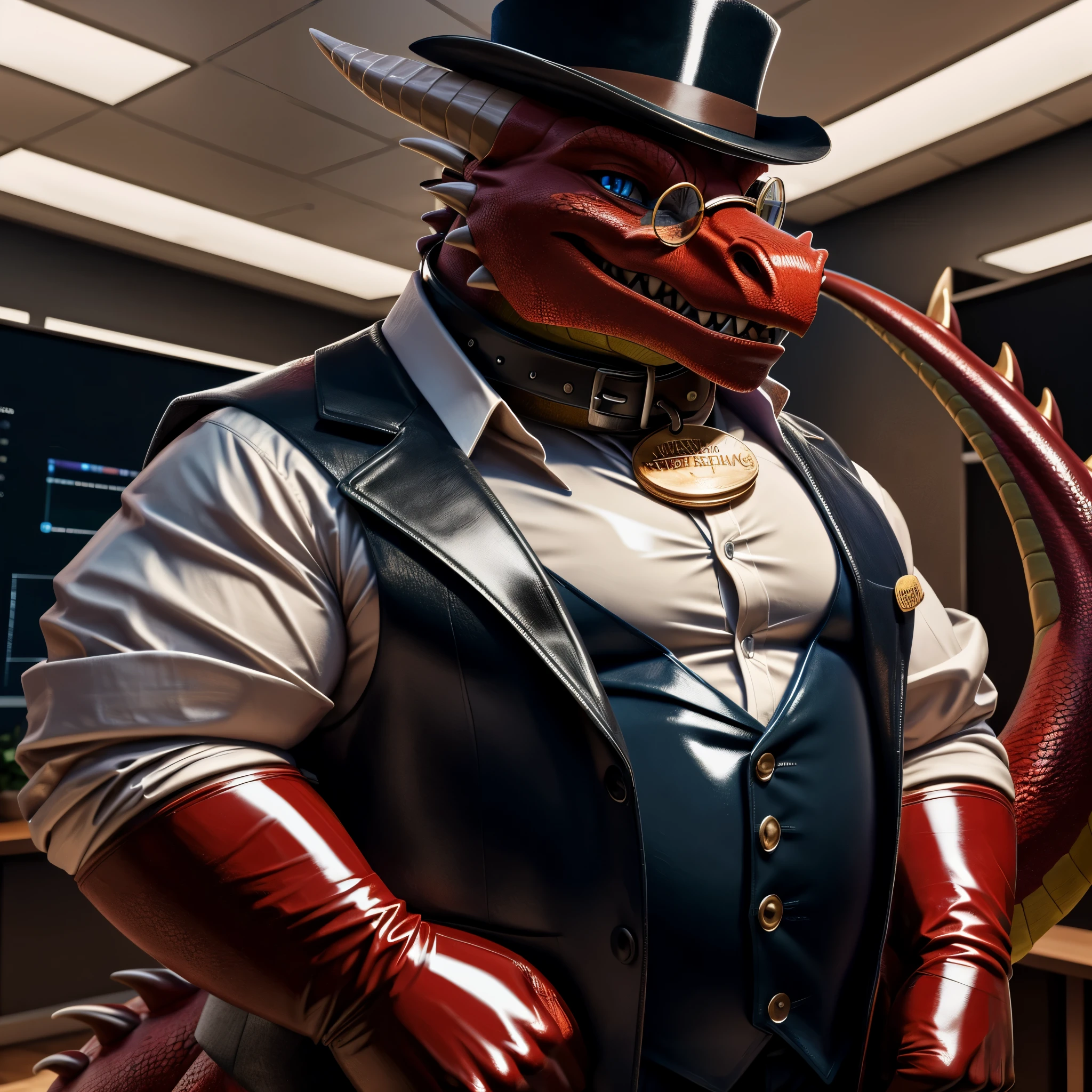 Solo, Male, fat, extremely obese, gentleman, dapper Professor Dragon, mob boss, blue eyes, (posing:1.3), (soft shading), 4k, hi res, ((detailed face, detailed)), looking at viewer, mouth wide open, dapper clothing, collared shirt with buttons, bowler hat, male focus, Explorer Outfit, glasses, monocle, vest with buttons, sleeves rolled up, round eyewear, brown headwear, brown vest, office, Dragon is wearing a glossy leather dog collar around the neck, Dragon is wearing the leather collar and shirt and vest at the same time, Dragon is wearing glossy white rubber gloves on the hands, wearing white rubber gloves on the feet, gloves are rubber in texture, clenching teeth, clenching fists, leather collar is glossy and shiny with a lot of detail, Dragon is wearing gloves and leather collar at the same time, leather collar has a round dog-tag, leather collar is thick and detailed, leather collar is glossy and shiny, fancy clothing, dapper vest, dapper shirt, leather collar is thick, glossy leather collar.