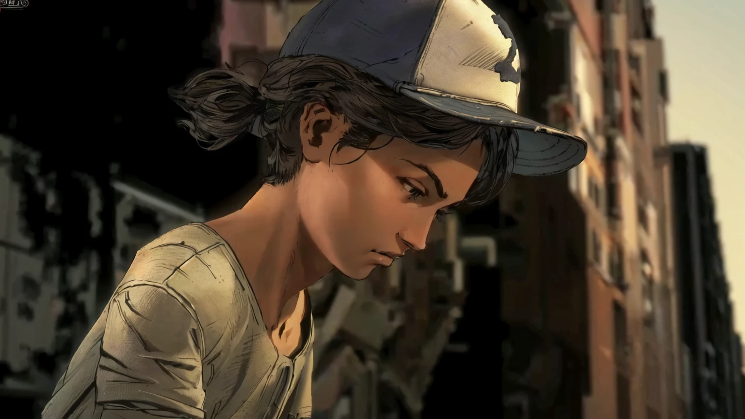 arafed young man in a baseball cap looking down at a cell phone, telltale games style, video game cutscene, hd screenshot, telltale style, super realistic”, hd remaster, uhd character details, character close up, wears a destroyed hat, ultra realistic”, ultra realistic ”, in the walking dead, high detail iconic character, next gen