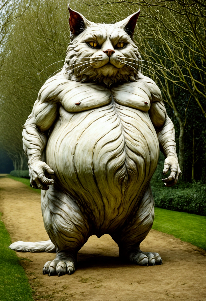 Giant fat Cat, full body, outdoor, by Cyril Rolando, cinematic still, (best quality, masterpiece), very aesthetic, perfect composition, intricate details, ultra-detailed, vivid colors