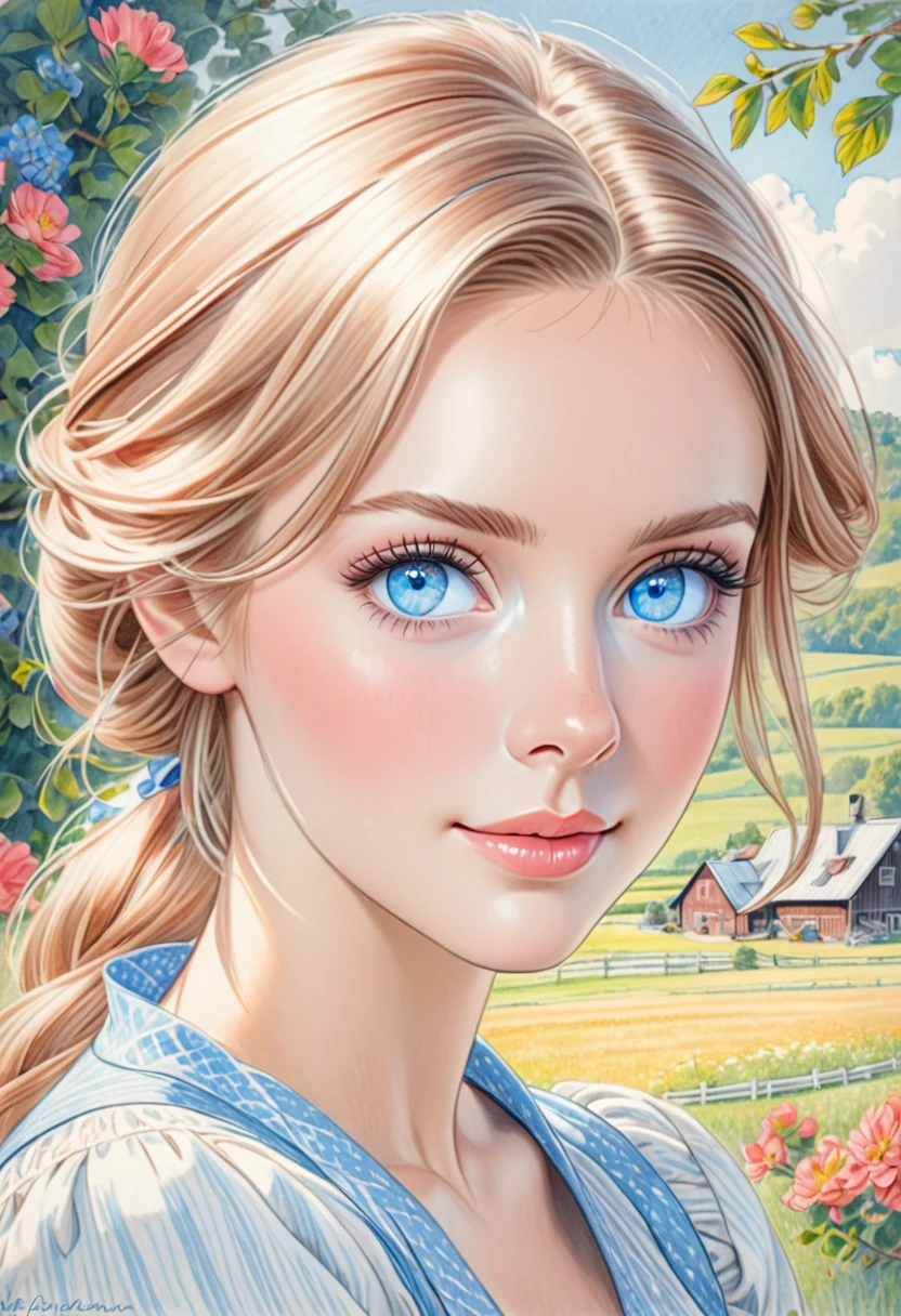 A colored pencil sketch of a beautiful swedish farm wife. crystal blue eyes. rosy complexion.
