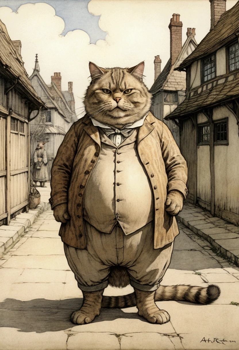 Giant fat Cat, full body, outdoor, by Cyril Rolando, cinematic still, (best quality, masterpiece), very aesthetic, perfect composition, intricate details, ultra-detailed, vivid colors