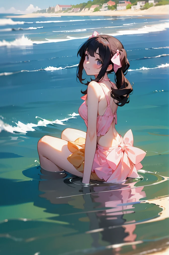 masterpiece, best quality, ultra detailed, outdoors, nature ,{Crystal-clear sea against a blue sky {{with white clouds}}}, seaside serenity, Breezy Beach , {simple background} ,reflective water, a girl, idol, happy, smiling, sitting on the floor, looking away ,medium twintail, black hair, {{curly}}, black hair, odd eyes, droopy eyes, pale skin, {{{all vivid pink sleeveless ruffle fluffy iolita costume}}}, {mini-skirt}  , at noon, nostalgic atmosphere, cel anime, full body shot, on right, from behind, golden ratio, golden hour, directional light, in focus with blurred background, dark_pink, {{top and bottom symmetry composition}}