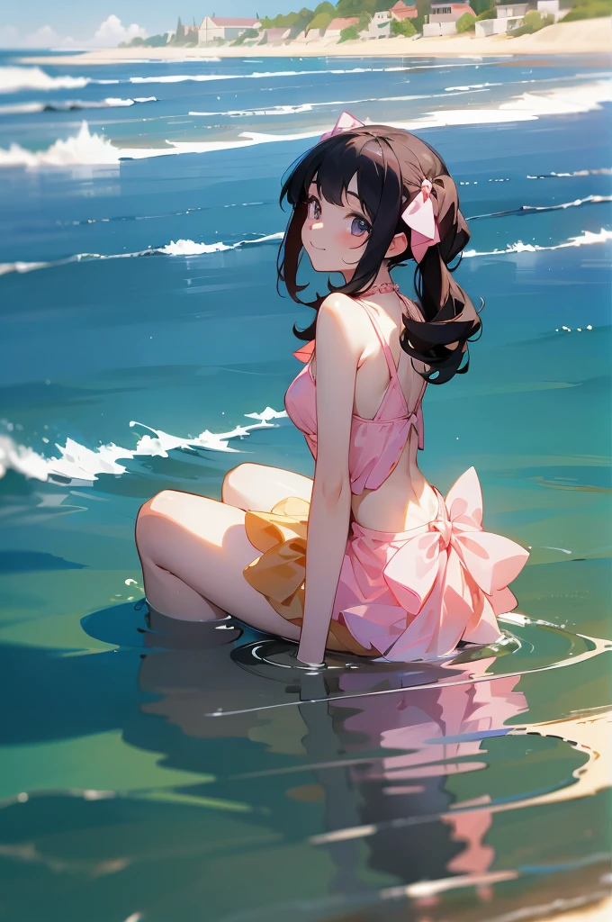 masterpiece, best quality, ultra detailed, outdoors, nature ,{Crystal-clear sea against a blue sky {{with white clouds}}}, seaside serenity, Breezy Beach , {simple background} ,reflective water, a girl, idol, happy, smiling, sitting on the floor, looking away ,medium twintail, black hair, {{curly}}, black hair, odd eyes, droopy eyes, pale skin, {{{all vivid pink sleeveless ruffle fluffy iolita costume}}}, {mini-skirt}  , at noon, nostalgic atmosphere, cel anime, full body shot, on right, from behind, golden ratio, golden hour, directional light, in focus with blurred background, dark_pink, {{top and bottom symmetry composition}}