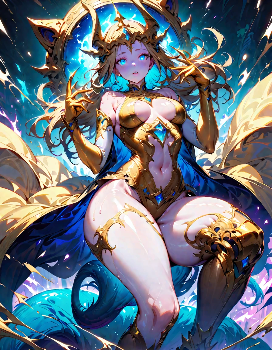 Young woman,Riding a giant cat,(Highest quality,Extremely detailed depiction,Incredibly absurd high resolution,Anatomically accurate depiction,Nice hands, Perfect Fingers,Curvy Legs),(Glowing Skin,Shiny skin),A fantastic goddess in a gorgeous costume,There is cleavage in the chest,Glossy Lips,Sweat,background:Mysterious sight,Fantasy