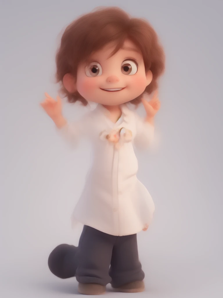 The image shows a cute baby with big smile standing with their left hand raised, making a gesture that could be interpreted as a love sign. They are wearing a white shirt and dark pants. The background is black.
