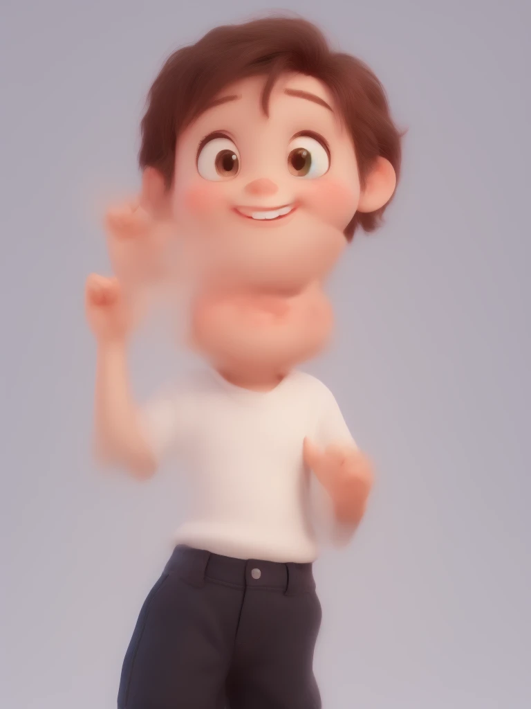 The image shows a cute baby with big smile standing with their left hand raised, making a gesture that could be interpreted as a love sign. They are wearing a white shirt and dark pants. The background is black.