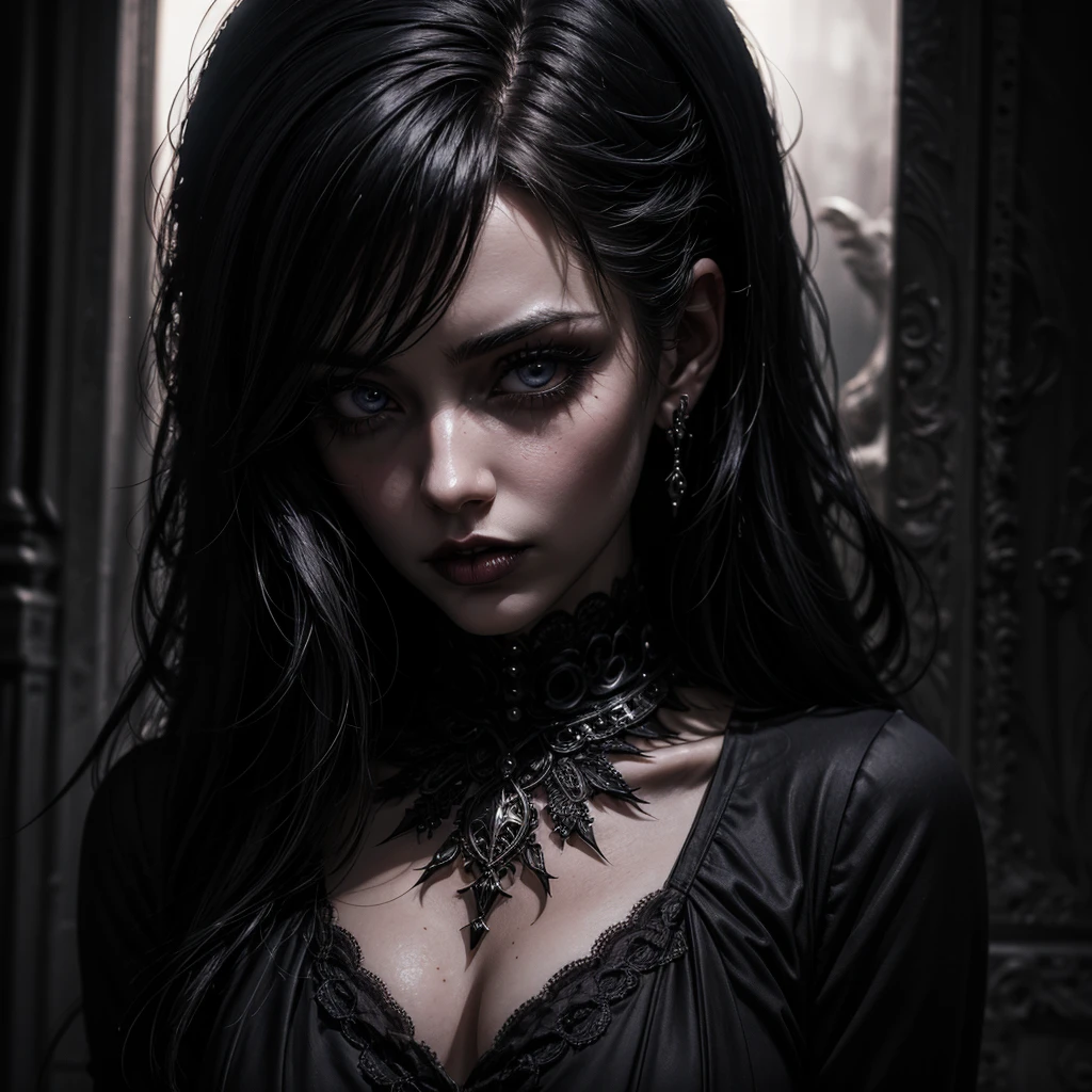 a gothic girl with her gaze turned towards something, behind her in the background we can see a werewolf, beautiful detailed eyes, beautiful detailed lips, extremely detailed eyes and face, long eyelashes, gothic dress, dramatic lighting, dark moody atmosphere, cinematic lighting, dark fantasy, horror, high contrast, chiaroscuro, dark colors