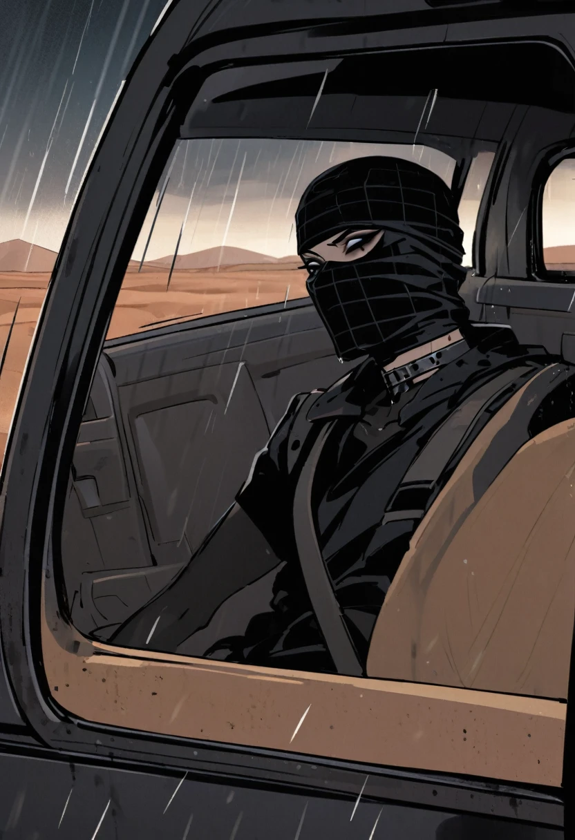 Male arab modern terrorist, terrorist, black balaclava, black bandage, black clothes, thin waist, skinny body, femboy, light skin, makeup, black eyeliner, big eyelashes, black eyeshadow, metal choker, light tanned skin, inside the car, desert, rain, night