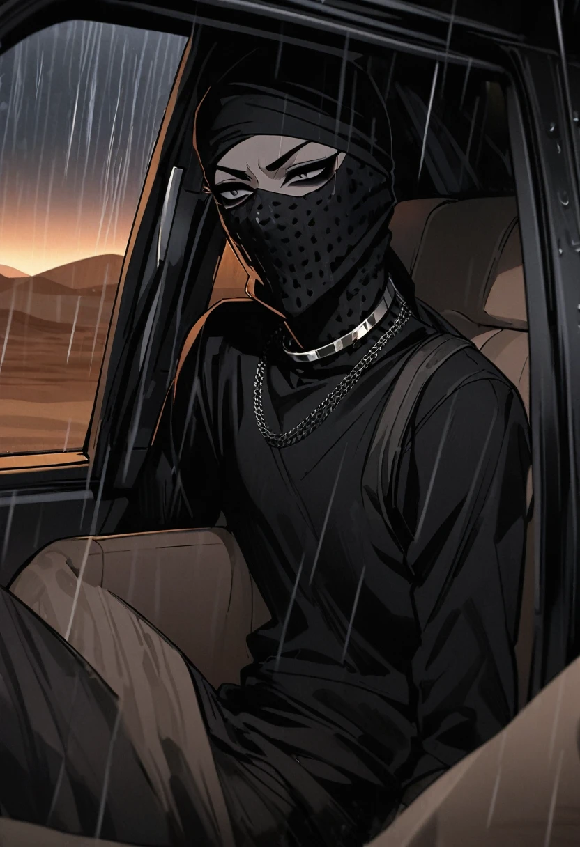 Male arab modern terrorist, terrorist, black balaclava, black bandage, black clothes, thin waist, skinny body, femboy, light skin, makeup, black eyeliner, big eyelashes, black eyeshadow, metal choker, light tanned skin, inside the car, desert, rain, night