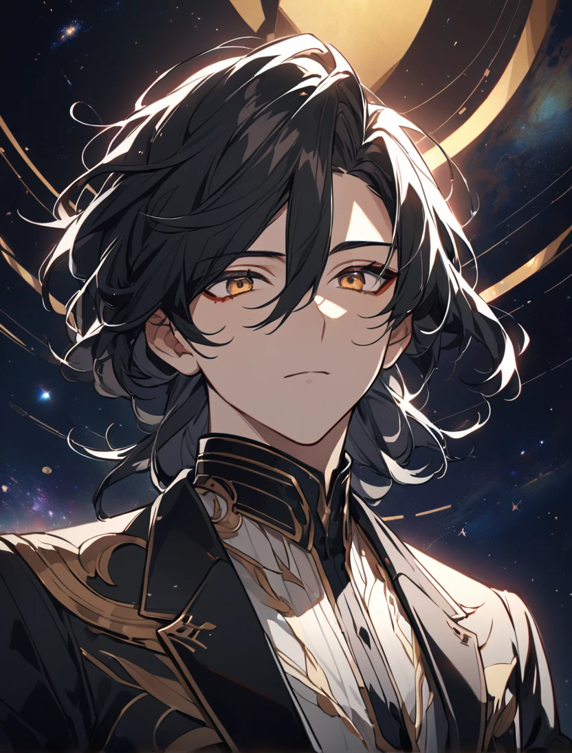 (black_hair), (long_male_hair), (deep_golden_eyes), (detailed_eyes), (attractive_and_handsome), (emotionless), (Deep_space_background), (male), (wears_black_suit), (long_male_hair), (detailed_Hair), (detailed), (detailed_mouth), (detailed), (on_his_twenties), (Europian)