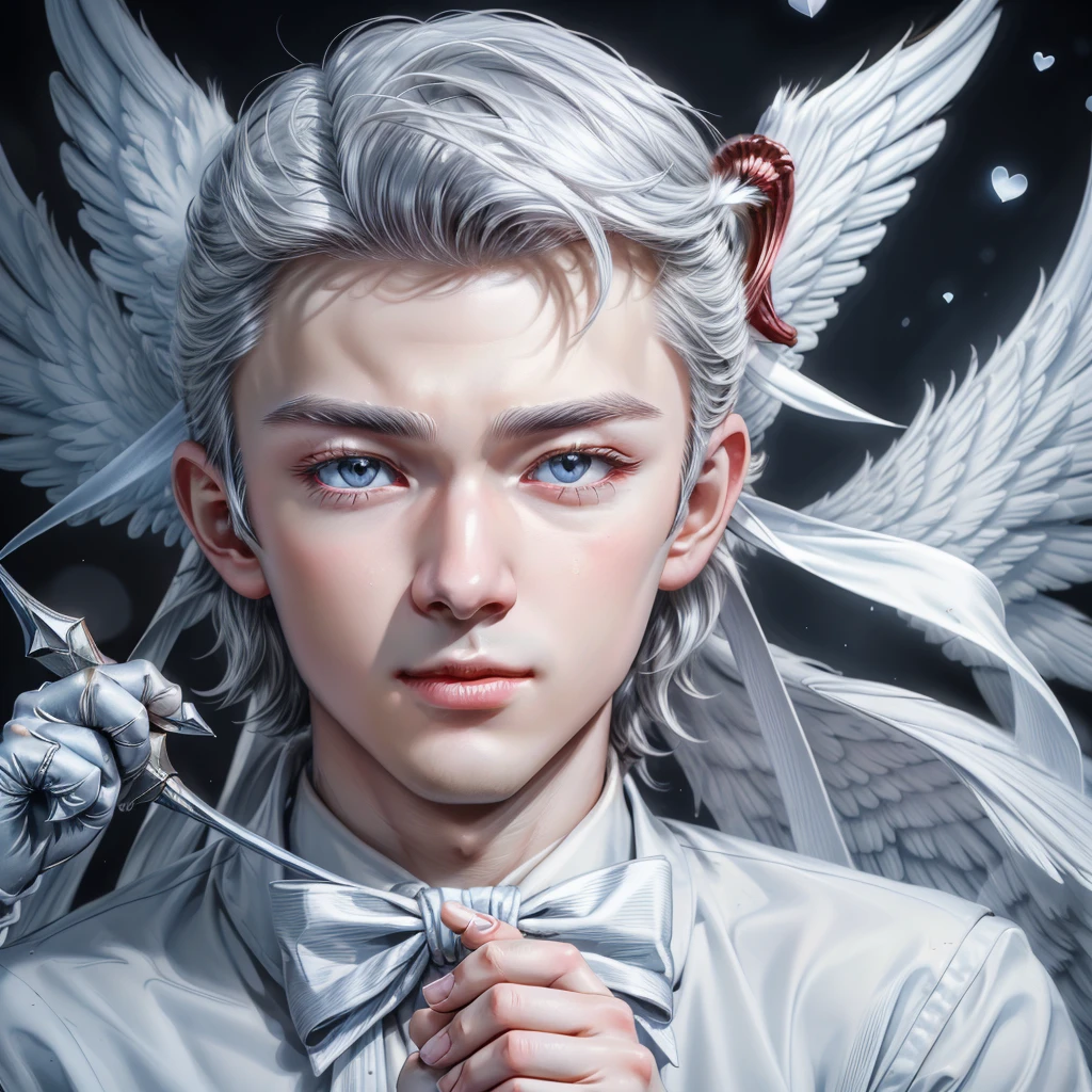 (max resolution: 1.2), (Ultra HDTV: 1.2), 8K resolution, Eye and skin details, face details, , (Sharp focus: 1.2), (Precise focus) face sharp face: 1.2), Cupid god, (((Boy))), white hair, flying, white wings, (((hand holding love bow))),