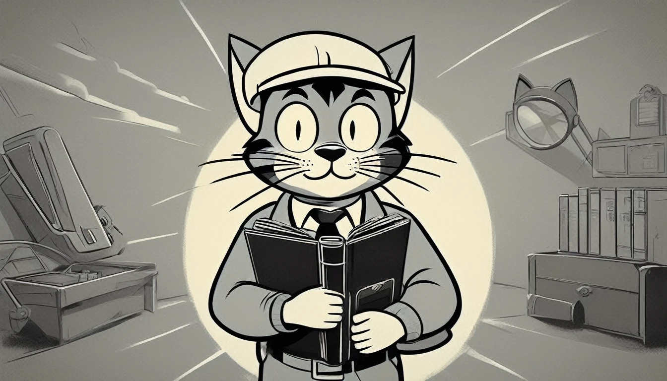 Generate an image in the style of a 1950s and 1960s advertisement featuring: personagem: cat (like the vault boy) holding a top secret folder (the cat use a sun glasses). The background should be simple and uncluttered. Use only this cores: limited color palette of gray tones Use: clear lines, thick lines, and bold outlines
