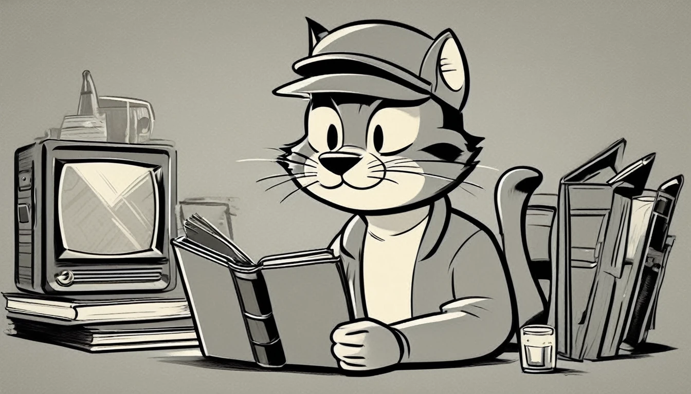 Generate an image in the style of a 1950s and 1960s advertisement featuring: personagem: cat (like the vault boy) holding a top secret folder (the cat use a sun glasses). The background should be simple and uncluttered. Use only this cores: limited color palette of gray tones Use: clear lines, thick lines, and bold outlines