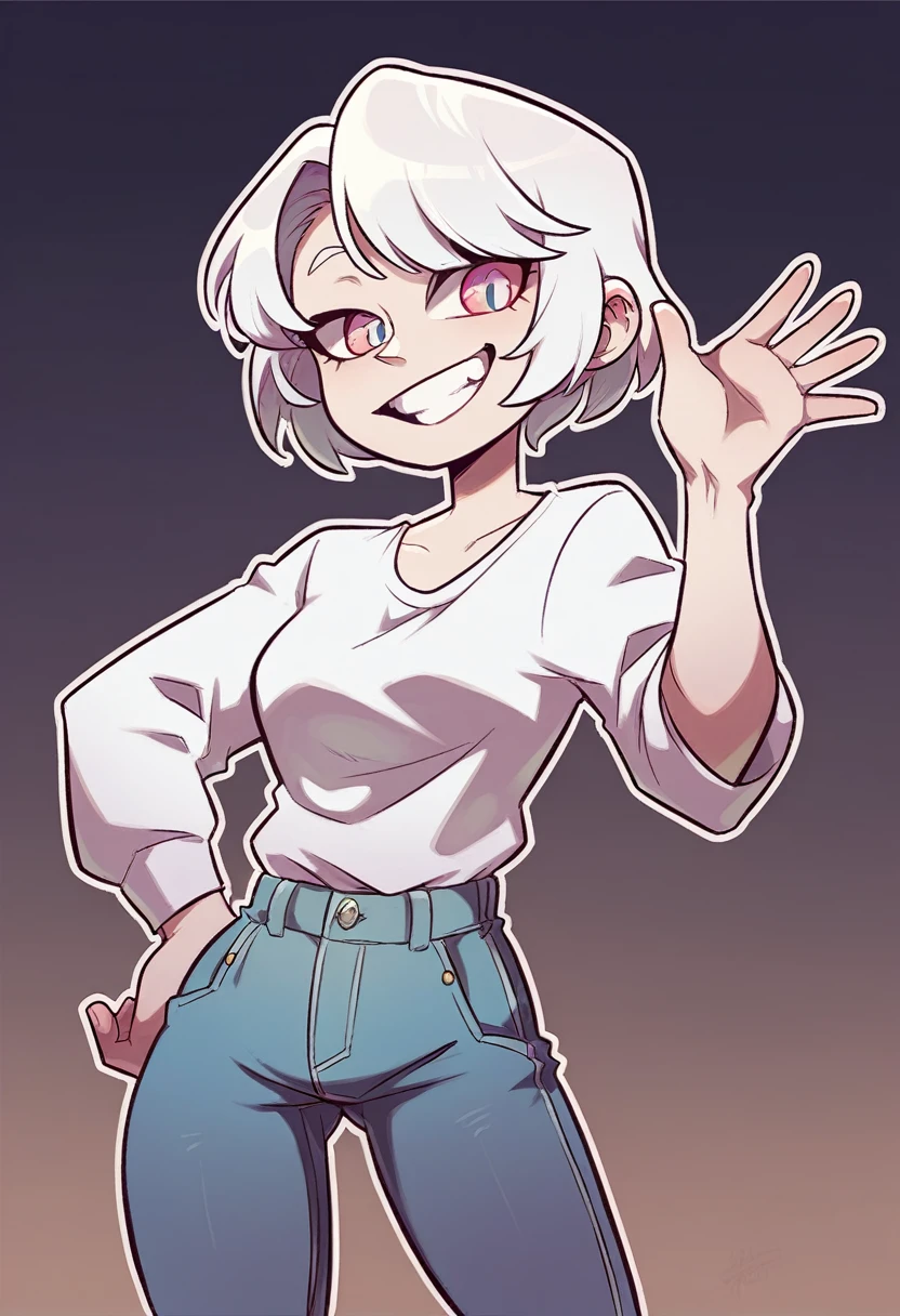 YouTuber, short white hair, dark colorful eyes, standing happily with his hand hip and hand waving, plain white tee shirt, black jeans, big smile, plain white background, female , adult female, white outline