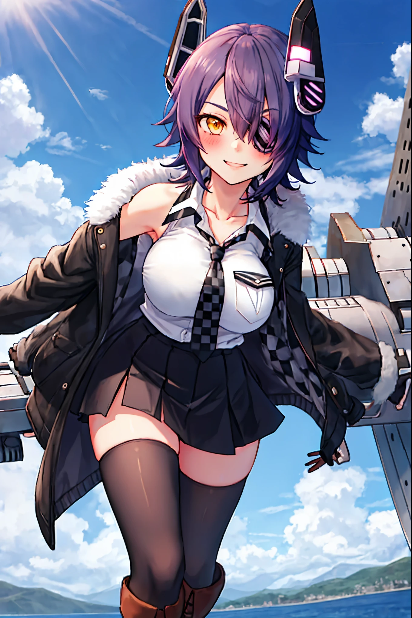 best quality, masterpiece, solo, {tenryuu_kantaicollection:1.}, teirl, eyepatch, short_hair, purple_hair, yellow_eyes, headgear, breasts, necktie, large_breasts, smile, 1girl, blush, checkered_necktie, hair_over_one_eye, shirt, collared_shirt, white_shirt, jacket, sleeveless, brown_eyes, fur-trimmed_jacket, fur_trim, collarbone, looking_at_viewer, pocket, breast_pocket, ,, messy_hair, black_gloves, gloves, partially_fingerless_gloves,harbor_road_landscape_background,outdoor,short_skirt,thigh-highs,boots,sunlight,