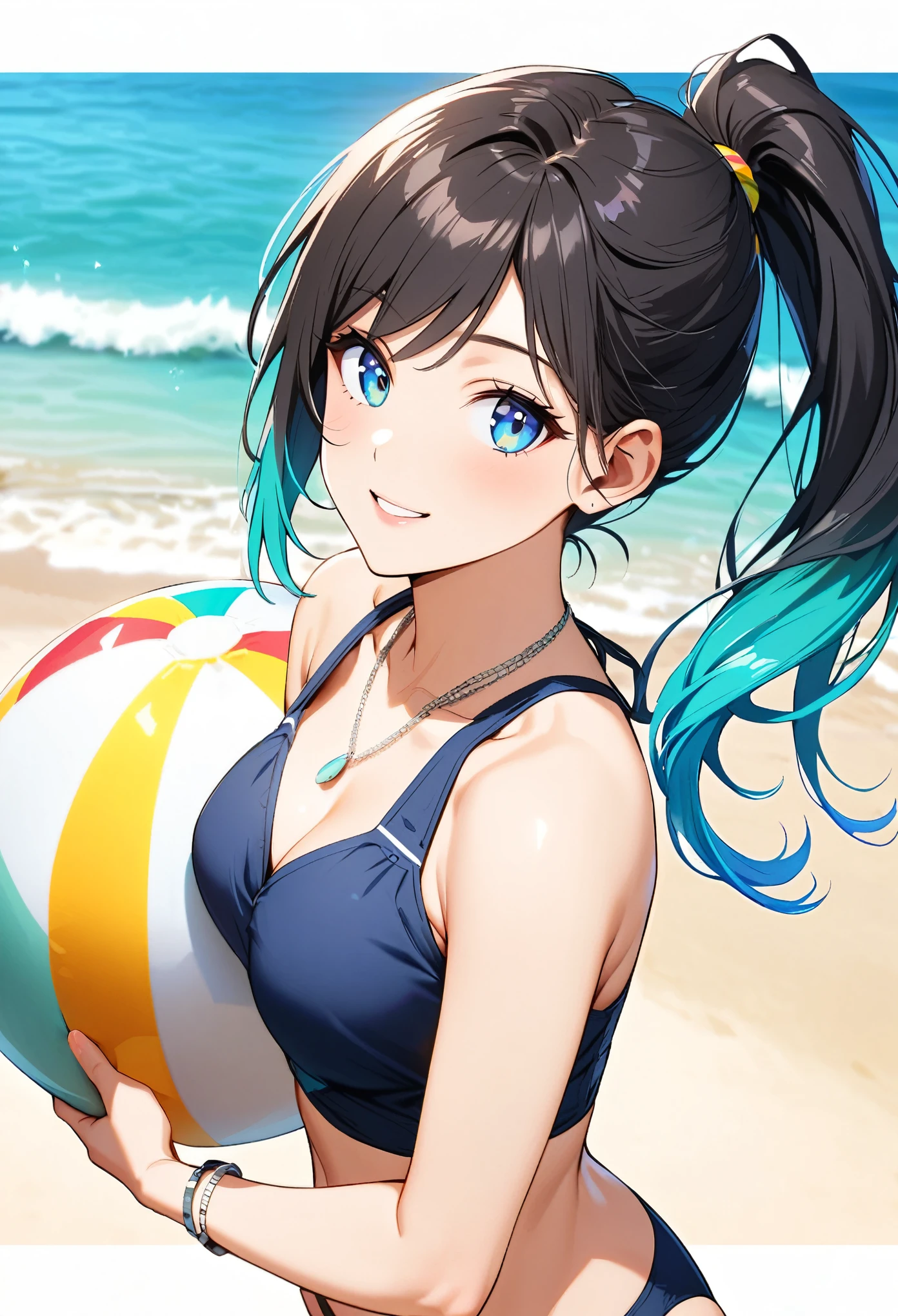 A young woman, 21-years-old, solo, Caucasian, black hair, cyan hair, gradient hair, multicolored hair, ponytail, two-tone hair, blue eyes, cheerful smile, lip parted, mature face, dark blue bikini top, dark blue bikini bottom, midriff, holding a beachball, beach, thin silver necklace, white bracelet