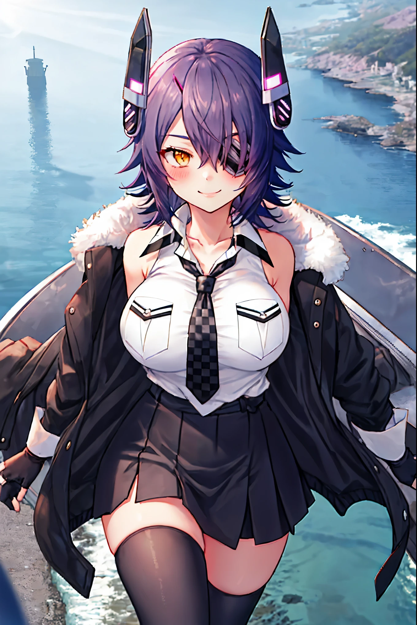 best quality, masterpiece, solo, {tenryuu_kantaicollection:1.15}, teen_girl, eyepatch, short_hair, purple_hair, yellow_eyes, headgear, breasts, necktie, large_breasts, smile, 1girl, blush, checkered_necktie, hair_over_one_eye, shirt, collared_shirt, white_shirt, jacket, sleeveless, brown_eyes, fur-trimmed_jacket, fur_trim, collarbone, looking_at_viewer, pocket, breast_pocket, ,, messy_hair, black_gloves, gloves, partially_fingerless_gloves,harbor_road_landscape_background,outdoor,short_skirt,thigh-highs,boots,sunlight,