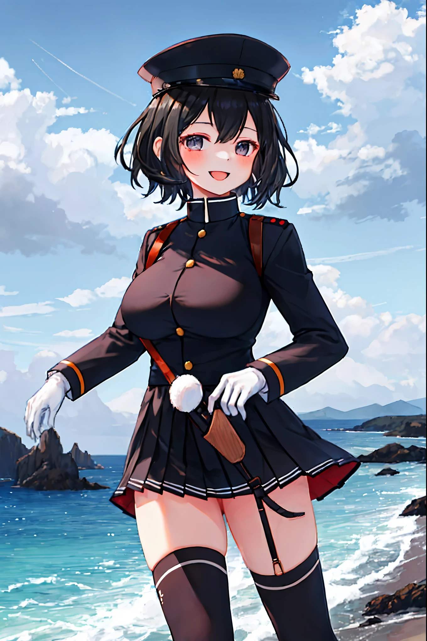 best quality, masterpiece, solo, {akitsu_maru_kantaicollection:1.15}, black_hair, short_hair, hat, peaked_cap, black_eyes, military, big_boobs, 1girl, black_headwear, looking_at_viewer,black_ military_uniform, uniform, military_hat, sea_landscape_background, smile,(plump:0.7),,black_thigh-highs,joylight_open_mouth,