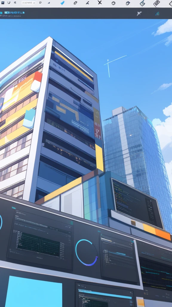 (PlanIt Schematic), (1girl xml file), xx, VS Code, go, Digital world,Buildings,Tokyo,blue sky,cloud