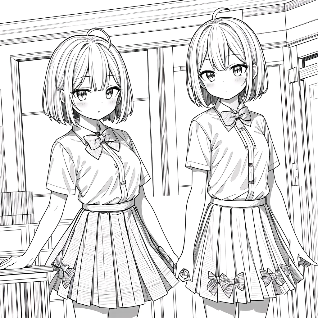masterpiece, Highest quality, One girl, 一人in, length_hair, Looking_in_Audience, Monochrome, Line art,
校庭in, summer with bow tie, (shirt:1.4), (pleined skirt:1.3), (bow tie:1.4), Short sleeve,, (Short Bob Cut), (Single Ahoge),