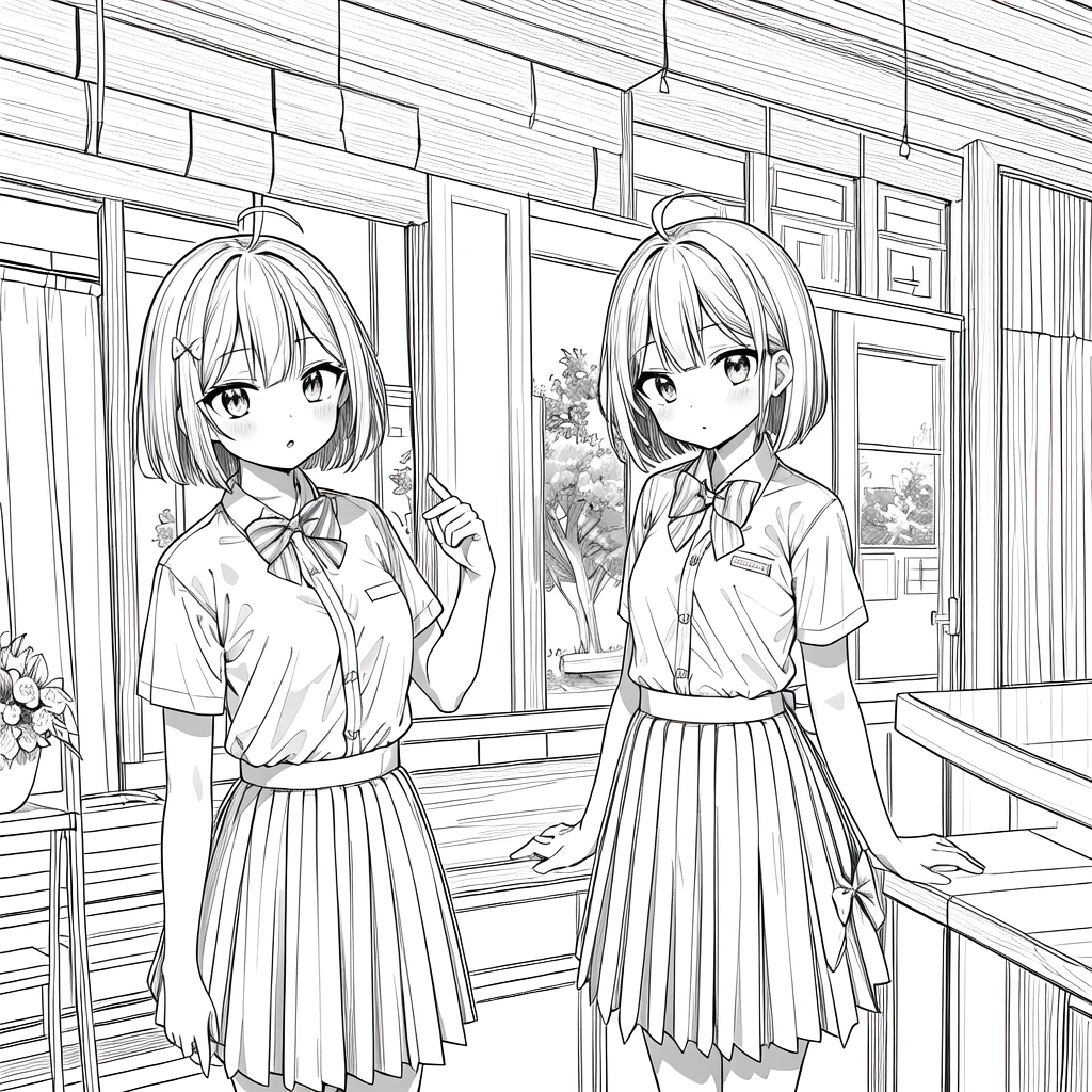 masterpiece, Highest quality, One girl, 一人in, length_hair, Looking_in_Audience, Monochrome, Line art,
校庭in, summer with bow tie, (shirt:1.4), (pleined skirt:1.3), (bow tie:1.4), Short sleeve,, (Short Bob Cut), (Single Ahoge),