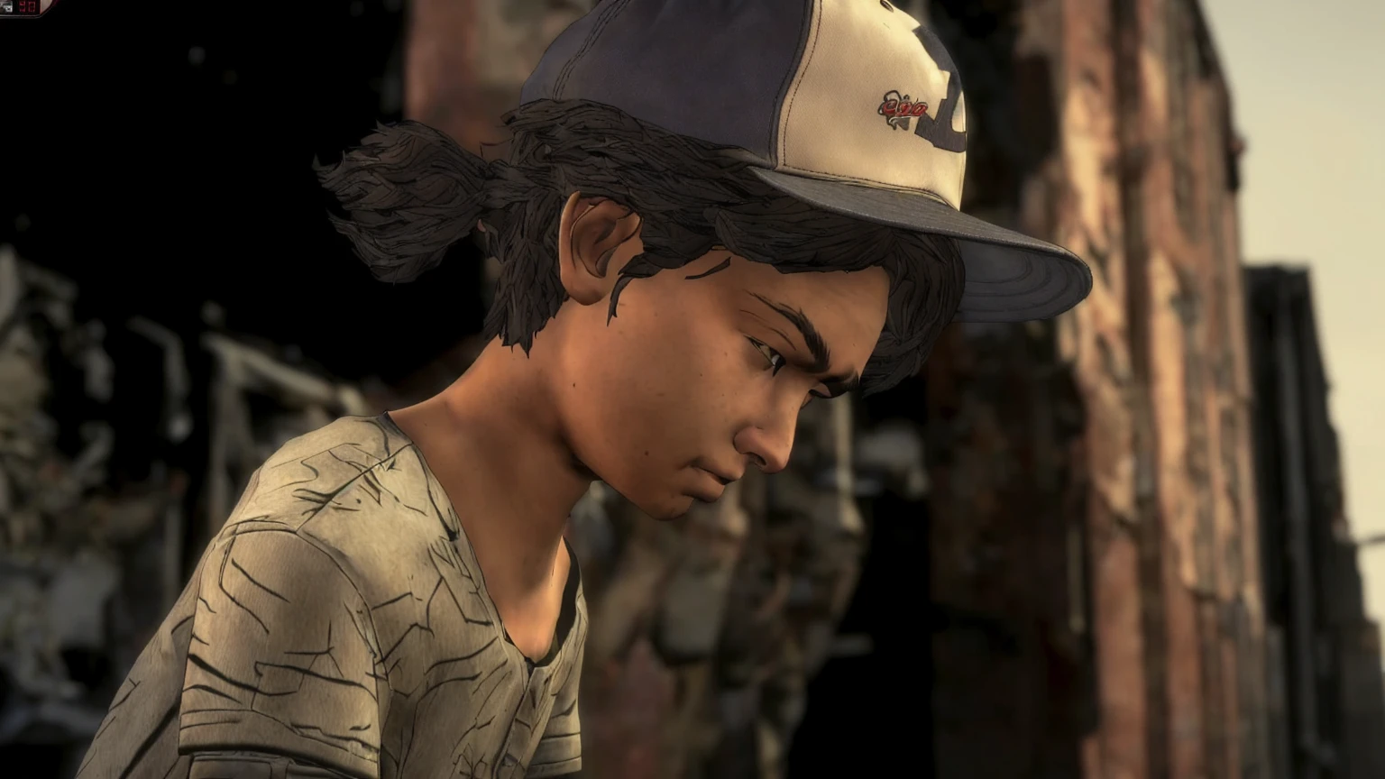 arafed young man in a baseball cap looking down at a cell phone, telltale games style, video game cutscene, hd screenshot, telltale style, super realistic”, hd remaster, uhd character details, character close up, wears a destroyed hat, ultra realistic”, ultra realistic ”, in the walking dead, high detail iconic character, next gen