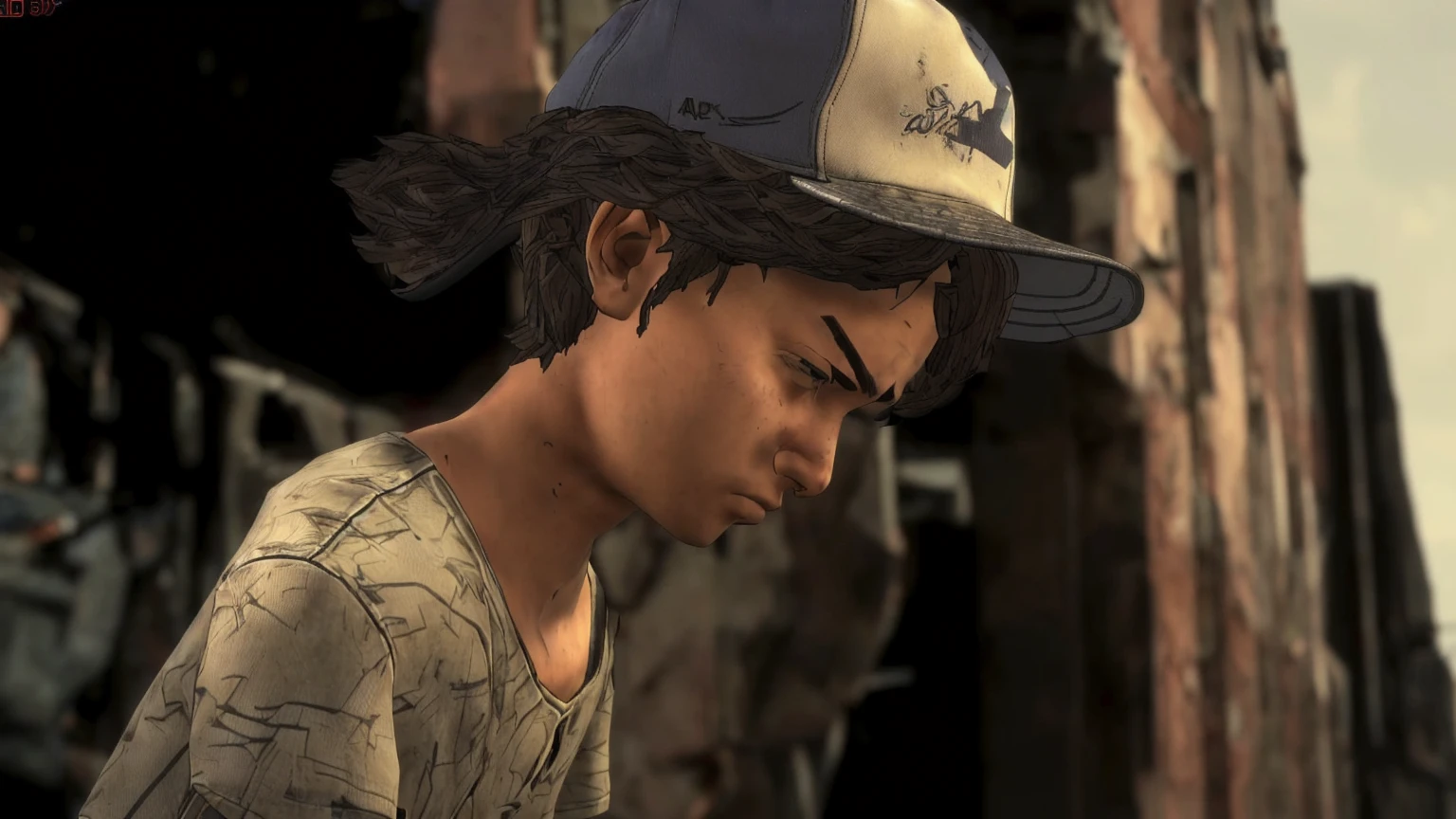 arafed young man in a baseball cap looking down at a cell phone, telltale games style, video game cutscene, hd screenshot, telltale style, super realistic”, hd remaster, uhd character details, character close up, wears a destroyed hat, ultra realistic”, ultra realistic ”, in the walking dead, high detail iconic character, next gen