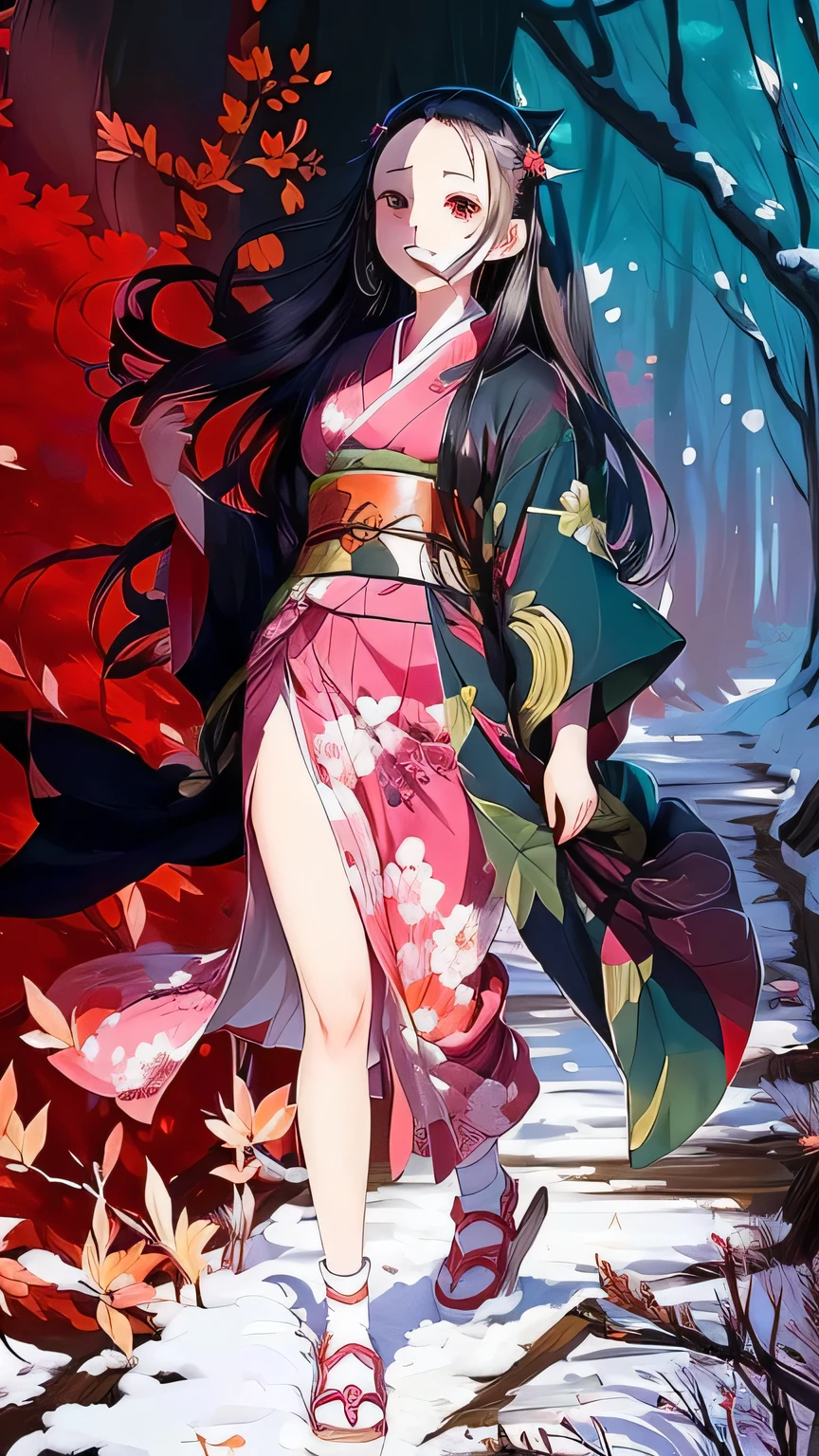 Anime girl in kimono walking through the forest, nezuko-chan, nezuko, Demon Slayer Art Style,