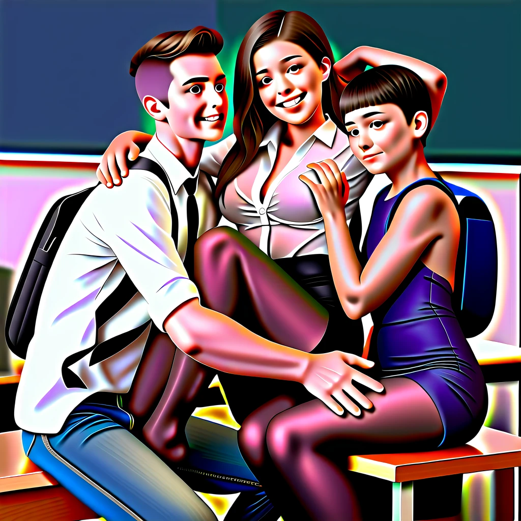 (((Threesome, 1 female in pantyhose, 2 males))), UHD, photorealistic, ((male teenagers stand on either side of the teacher )), ((males wearing backpacks and pulled down jeans with cocks are showing)), sexy teacher wearing an open silk blouse, skimpy leather skirt that is pulled up around her waist to expose her sheer black pantyhose, (((female teacher is sitting on a desk with her legs open))),  2 students are standing beside her, pre-gang bang, young men grab her knees and open her legs to show her shaved vagina that is visible through her sheer pantyhose, makes fondle her and touch her pantyhose crotch, shaved vagina is visible through her sheer pantyhose, up skirt, pantyhose gusset flash,  perfectly drawn hands,  her arms are around them, she caresses their heads with her hands, classroom, photorealistic 