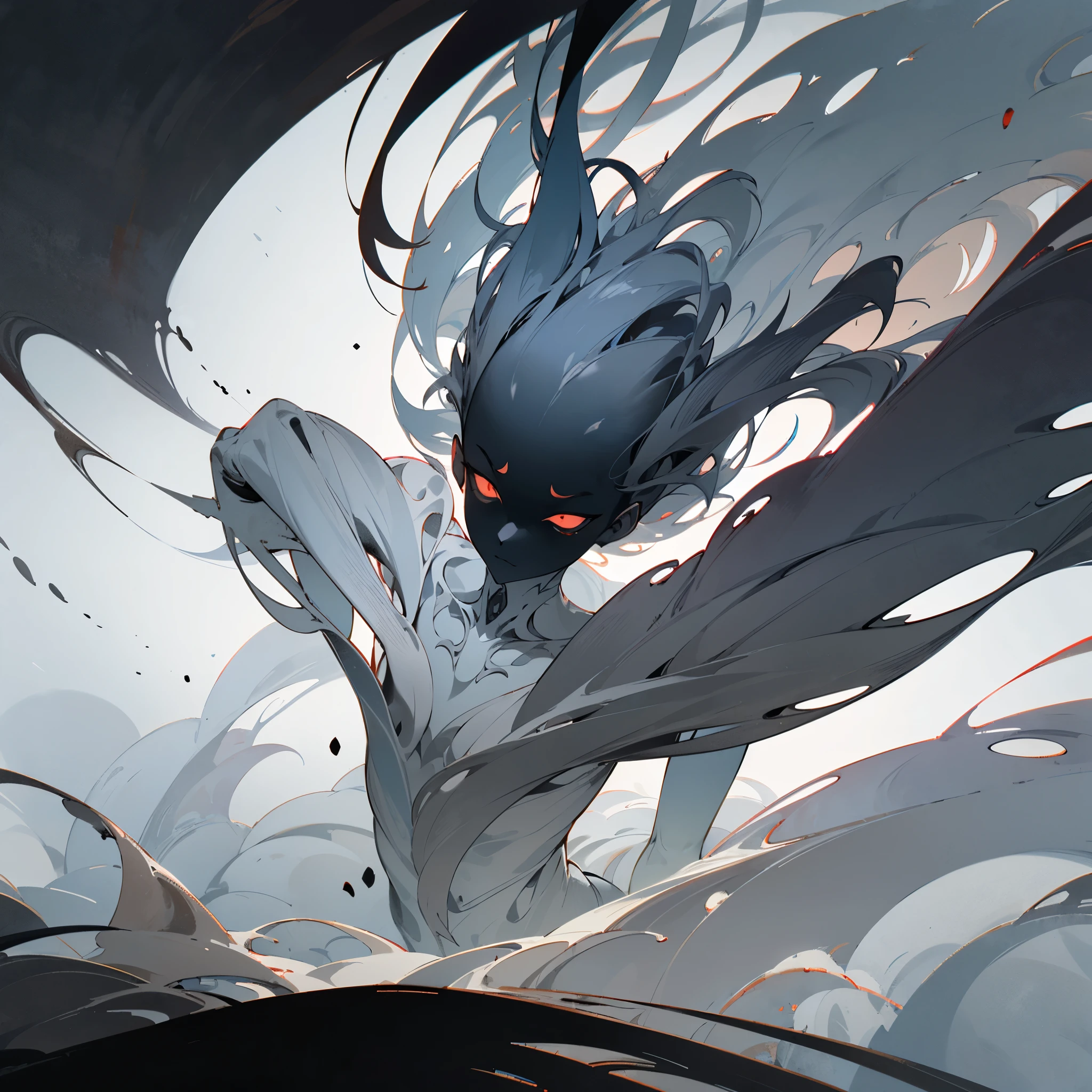 Design a surreal and haunting image of a figure made from swirling, smoke-like substance. This shadowy entity has no distinct features aside from its empty eyes, emerging from the darkness in a way that suggests constant movement and transformation. Employ various shades of grey to create depth and texture, ensuring the overall scene feels mysterious and otherworldly.