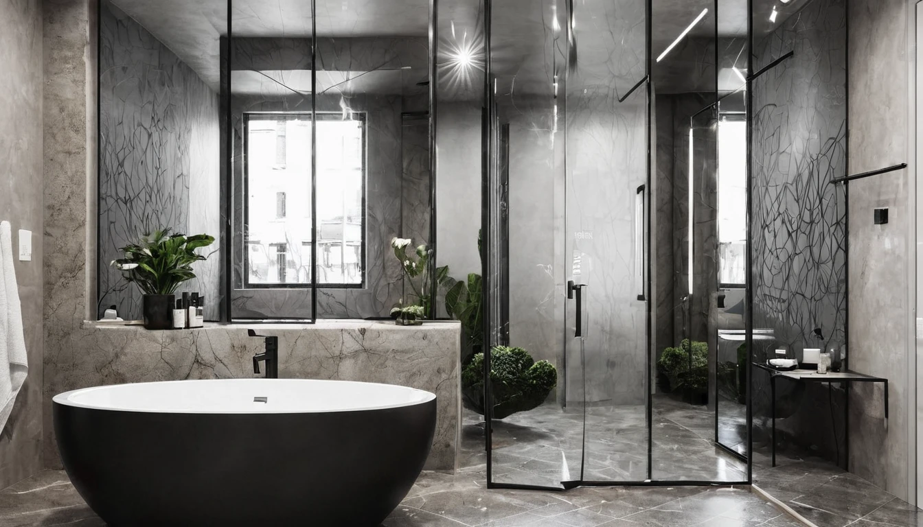 Modern bathrooms and mirrors with eerie overlays.