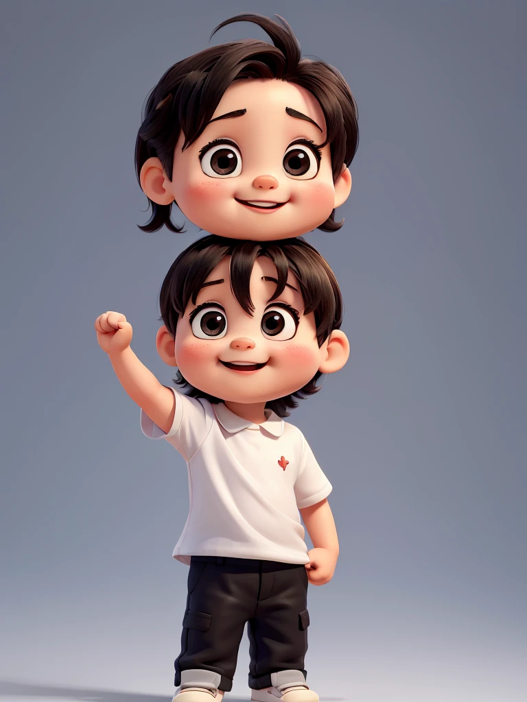 The image shows a cute with big smile standing with their left hand raised, making a gesture that could be interpreted as a love sign. They are wearing a white shirt and dark pants. The background is black.