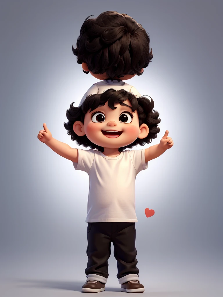 The image shows a cute baby with big smile standing with their left hand raised, making a gesture that could be interpreted as a love sign. They are wearing a white shirt and dark pants. The background is black.